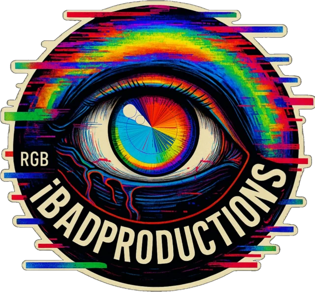 The iBadProductions mark: an RGB glitch eye ringed by the studio name.